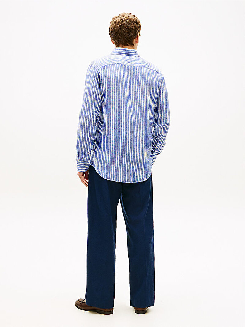Erkek Linen Bengal Stripe Gömlek Mavi MW0MW424000A4