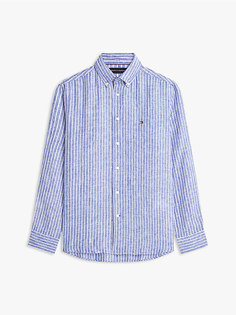 Erkek Linen Bengal Stripe Gömlek Mavi MW0MW424000A4