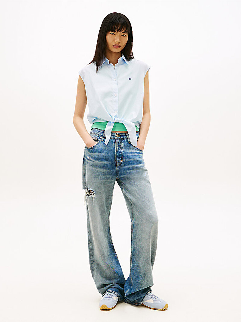Kadın TJW Tie Front Poplin Gömlek Mavi DW0DW222120A6