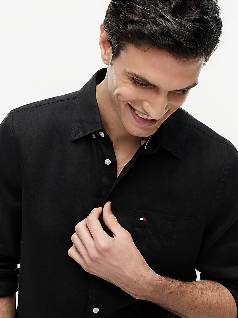 Erkek Piece Dye Linen Gömlek Siyah MW0MW44265BDS