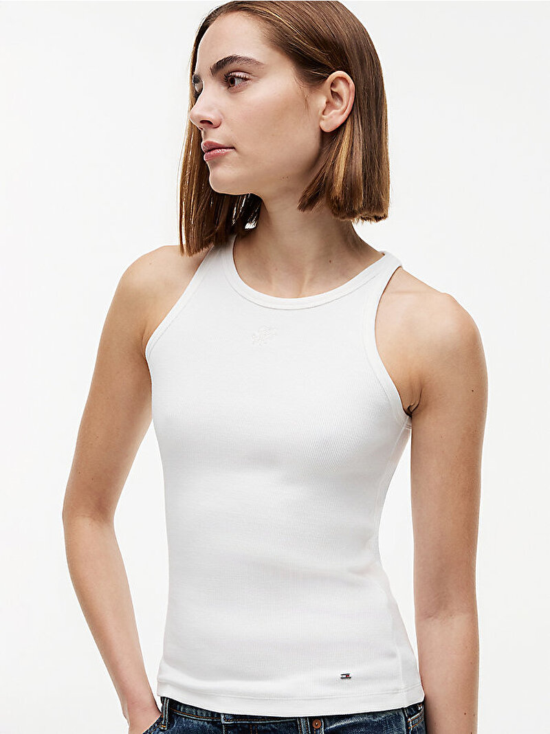 Kadın Contrast Bind Rib T-shirt Ekru WW0WW48712YBL