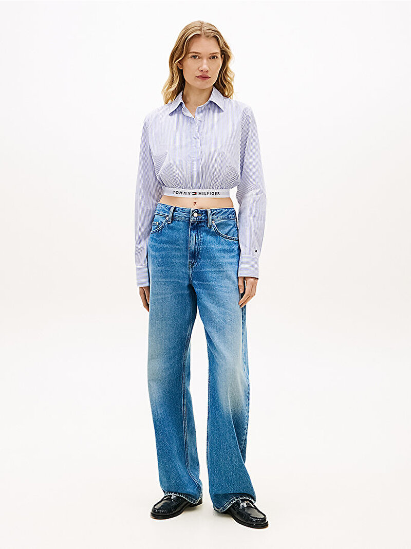 Kadın Poplin Cropped Brand Gömlek Mavi WW0WW489030Y9