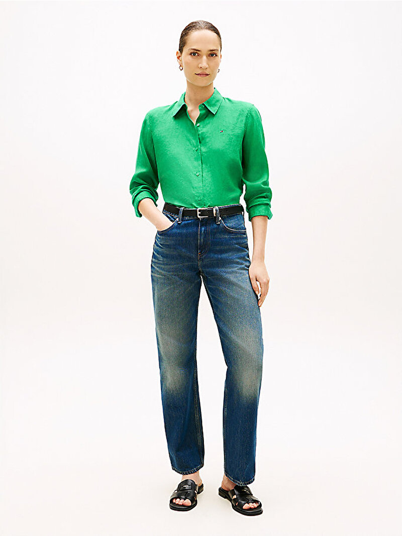 Kadın Essential Linen Relaxed Gömlek Yeşil WW0WW44679MS3