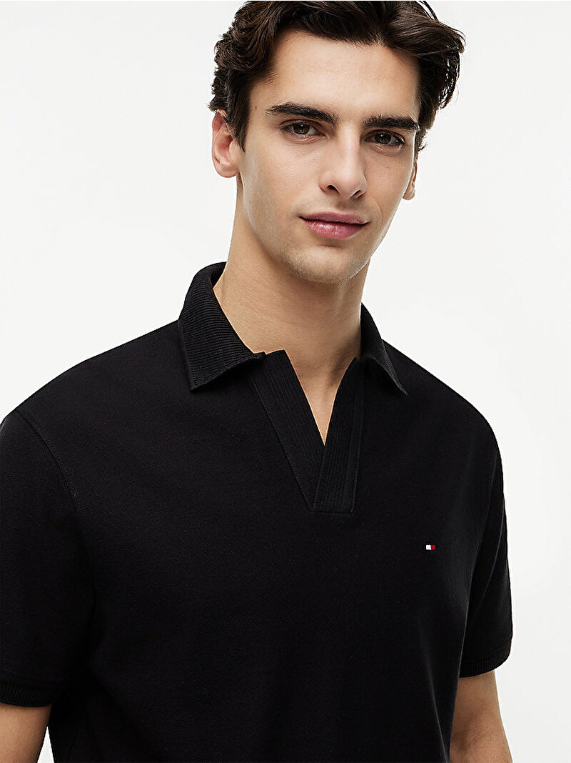 Erkek V Neck Crepe Classic Polo T-shirt Siyah MW0MW43274BDS