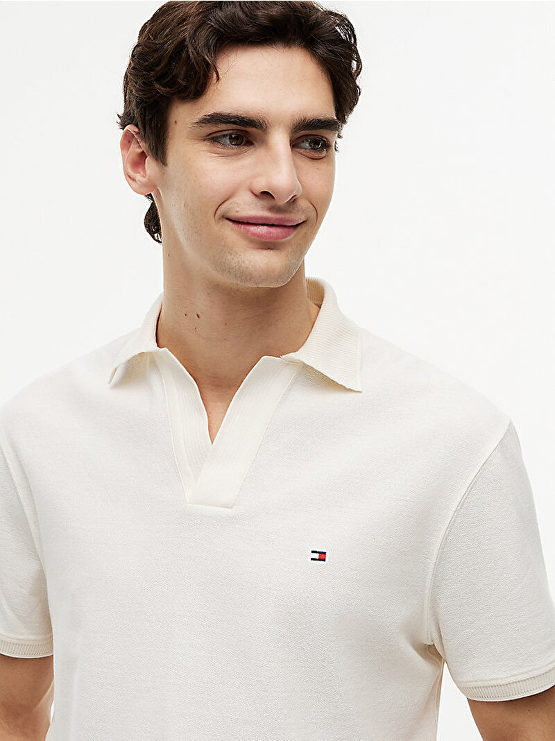 Erkek V Neck Crepe Classic Polo T-shirt Beyaz MW0MW43274Z00