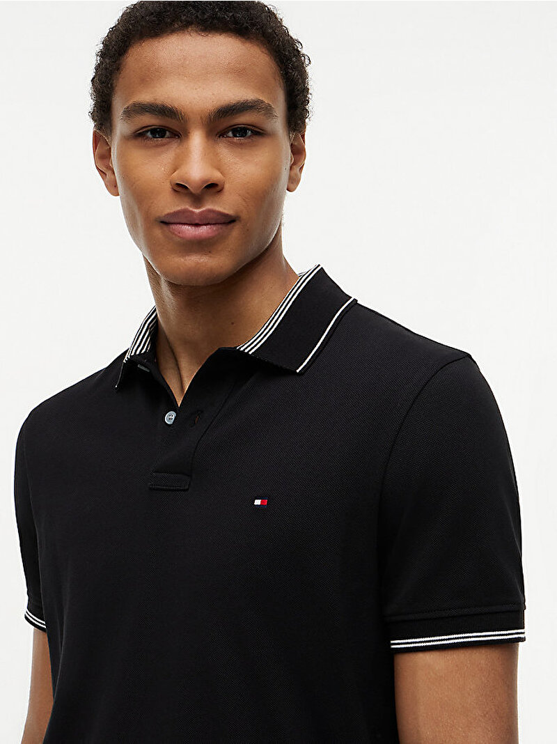 Erkek Stripe Undercollar Polo T-shirt Siyah MW0MW43289BDS