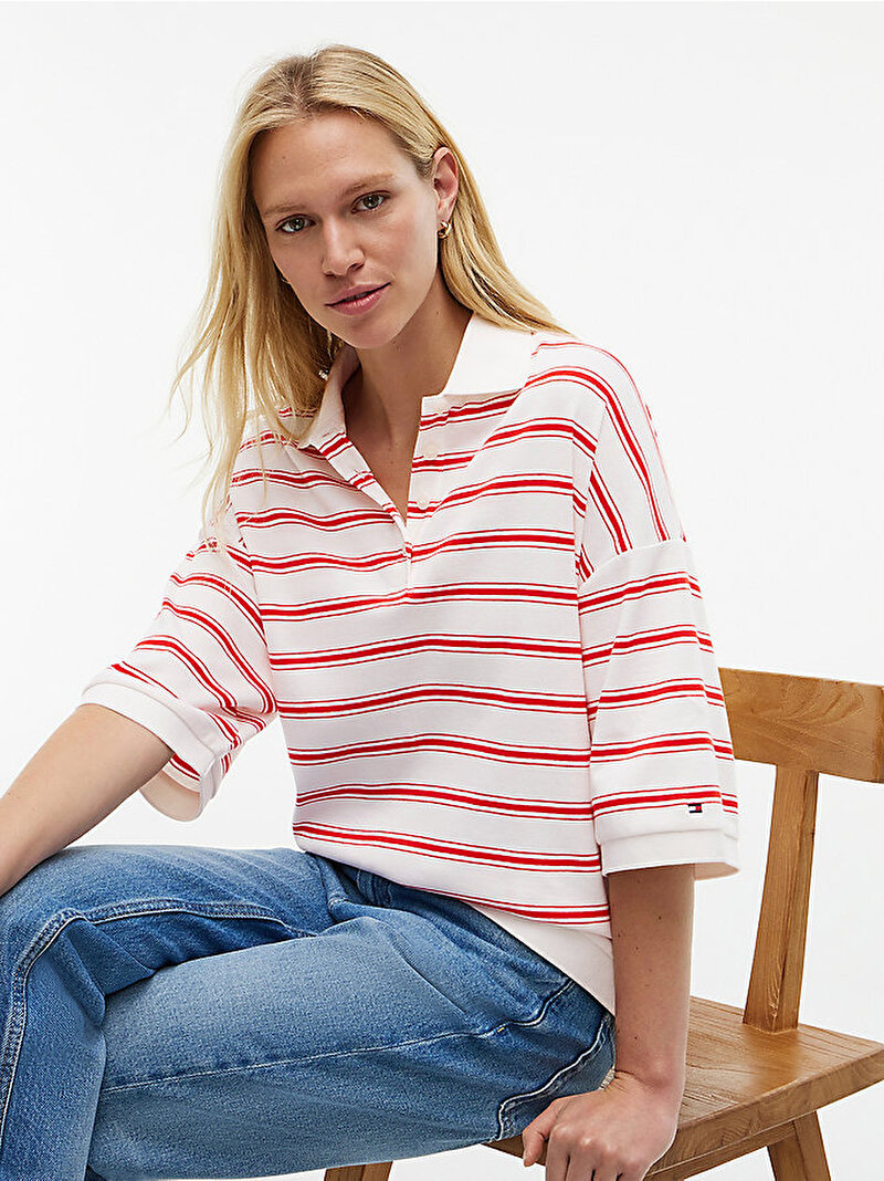 Kadın Mıltistripe Oversized Polo T-shirt Kırmızı WW0WW500260E2