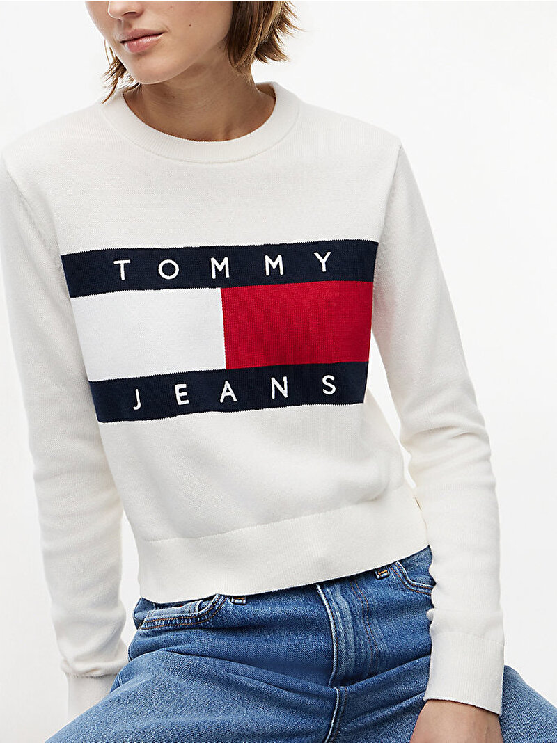 Kadın TJW Flag Crew Neck Kazak Beyaz DW0DW22930YBH