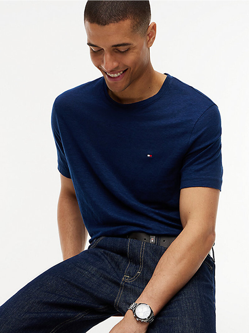 Erkek Linen Regular T-shirt Lacivert MW0MW43194DCC