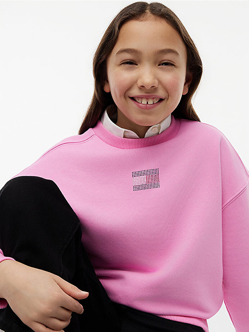 Kız Çocuk Tommy Rhinestone Sweatshirt Pembe KG0KG09490TOU