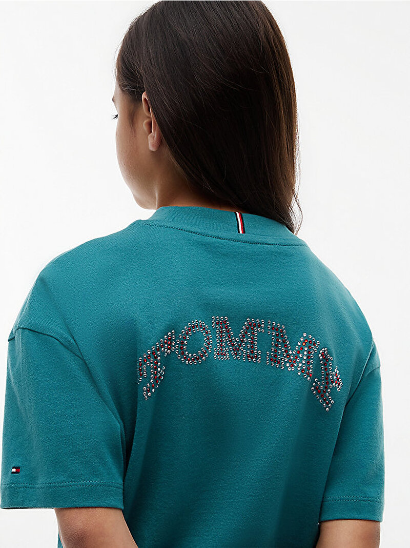 Kız Çocuk Tommy Rhinestone T-shirt Yeşil KG0KG09465CT3