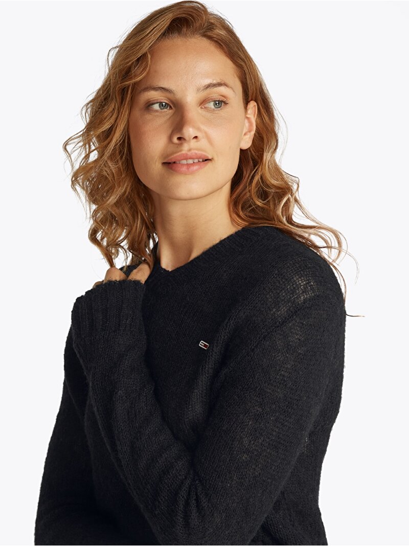 Kadın Tjw Open Knit V-Neck Kazak Siyah DW0DW20258BDS