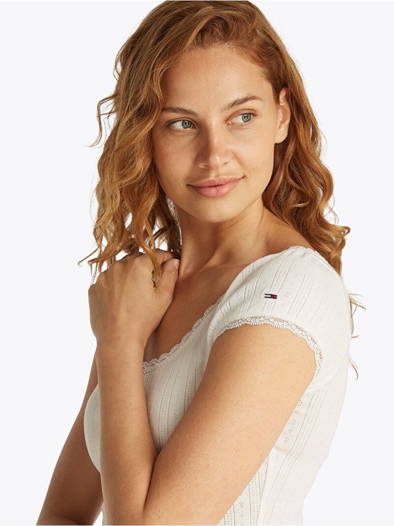 Kadın Tjw Slim Sh Pointell T-Shirt Ekru DW0DW20621YBL