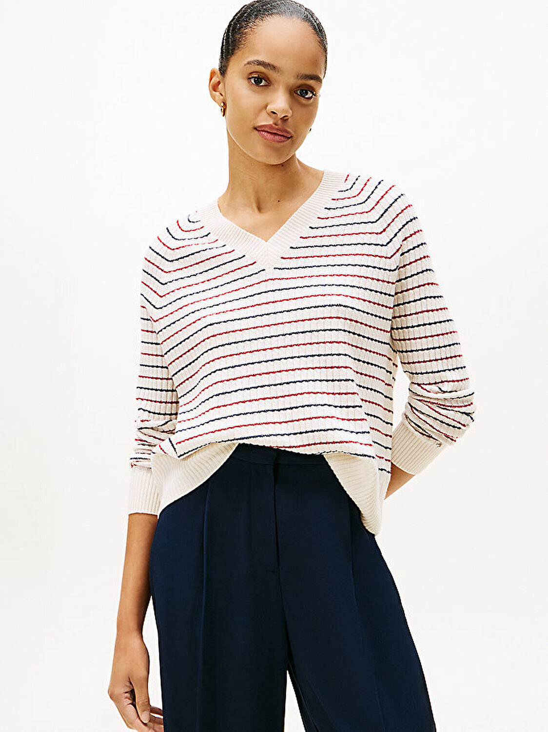 Kadın Wool Cash Cable V-neck Kazak WW0WW464170FH | Tommy Hilfiger