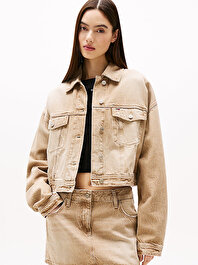 Kadın Ovsz Crop Trucker Denim Ceket
