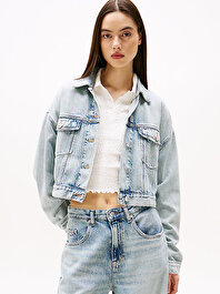 Kadın Oversize Crop Trucker Denim Ceket