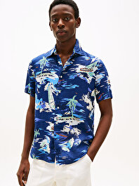 Erkek Linen Vacation Print Gömlek
