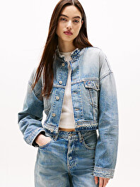 Kadın Oversize Crop Trucker Denim Ceket