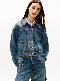 Kadın Pleated Trucker Denim Ceket
