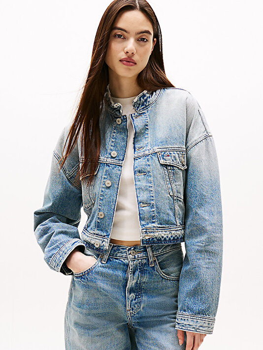 Kadın Oversize Crop Trucker Denim Ceket