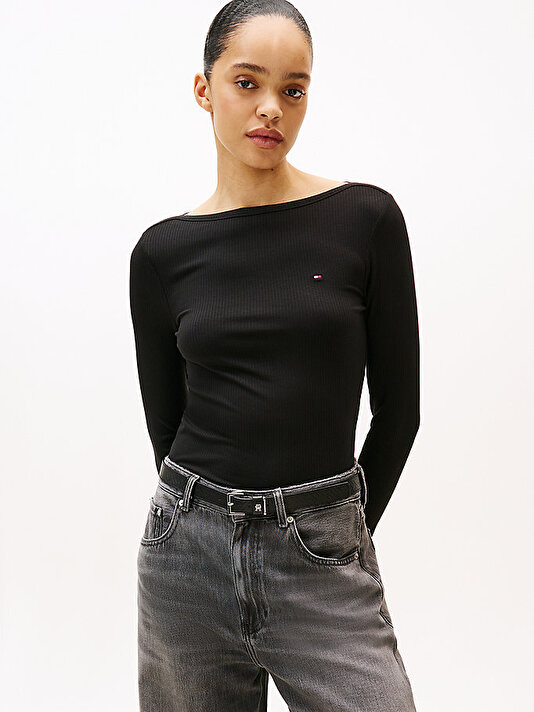Kadın Slim Rib Boat Neck T-shirt