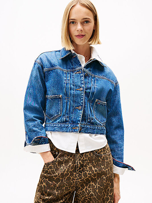 Kadın Pleated Trucker Denim Ceket