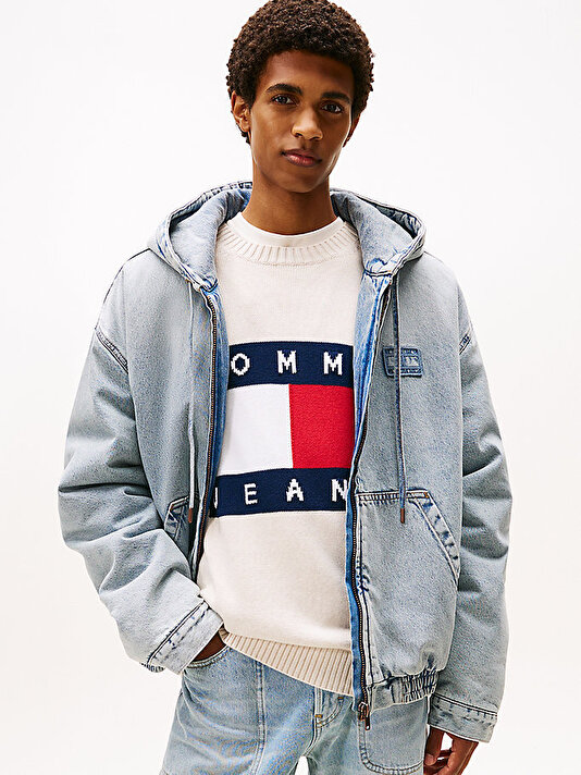 Erkek Denim Padded Hood Bomber Ceket