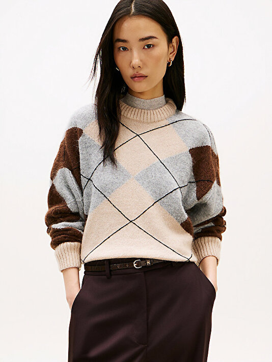 Kadın Alpaca Blend Argyle Kazak