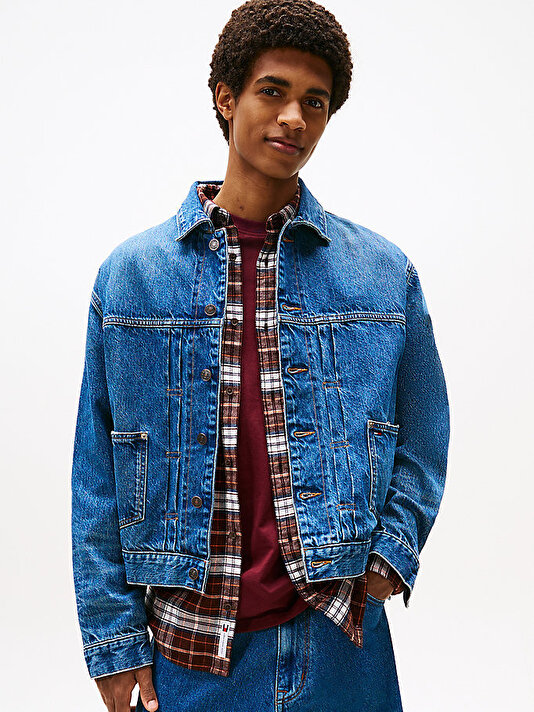 Erkek Pleated Trucker Denim Ceket