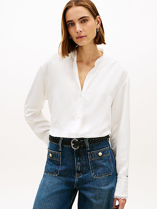Kadın Vis Linen Lace Trim Gömlek
