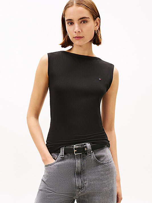 Kadın 5X2 Rib Slim Boat Neck T-shirt