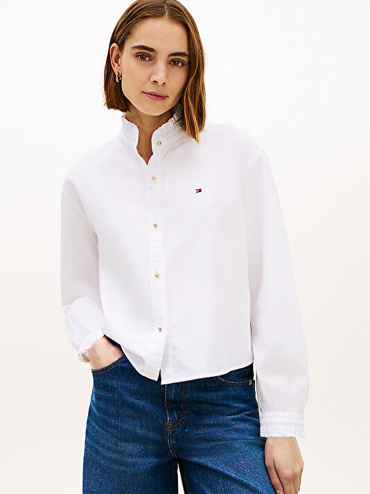 Kadın Oxford Crop Ruffle Bluz