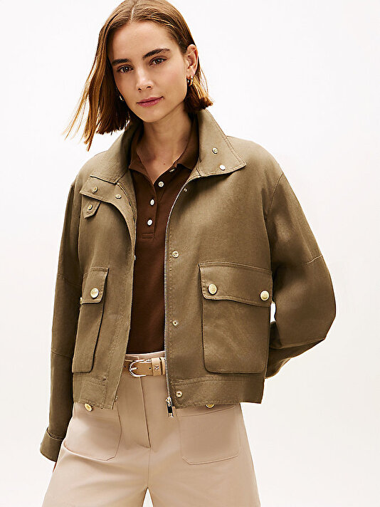 Kadın Linen Utility Bomber Ceket