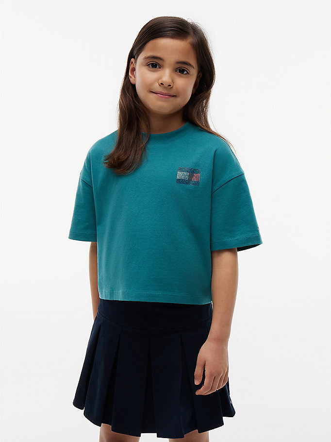 Kız Çocuk Tommy Rhinestone T-shirt Yeşil KG0KG09465CT3